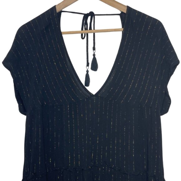 XHILARATION | Lightweight Black Short Sleeve Blouse Gold Stitch Top | Size S - Picture 2 of 10